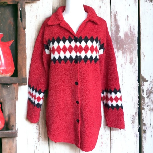 Lavon Sweaters - LAVON RED FUZZY CARDIGAN SIZE XL